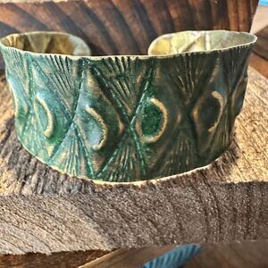 Handcrafted Artesian Boho Brass Patina Bracelet, Moons & Diamonds on Green, Adj
